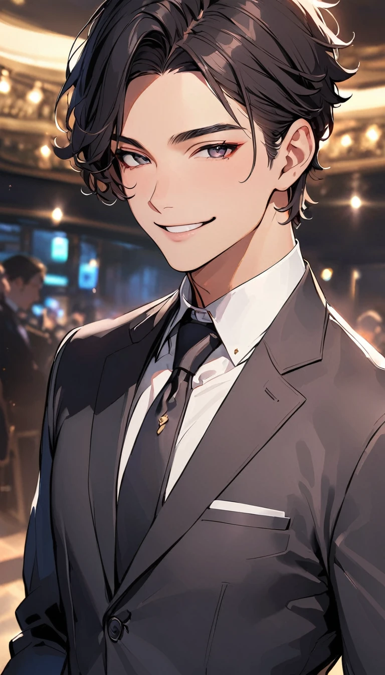 A handsome man with short black hair is wearing a charcoal gray suit. He in smile.
