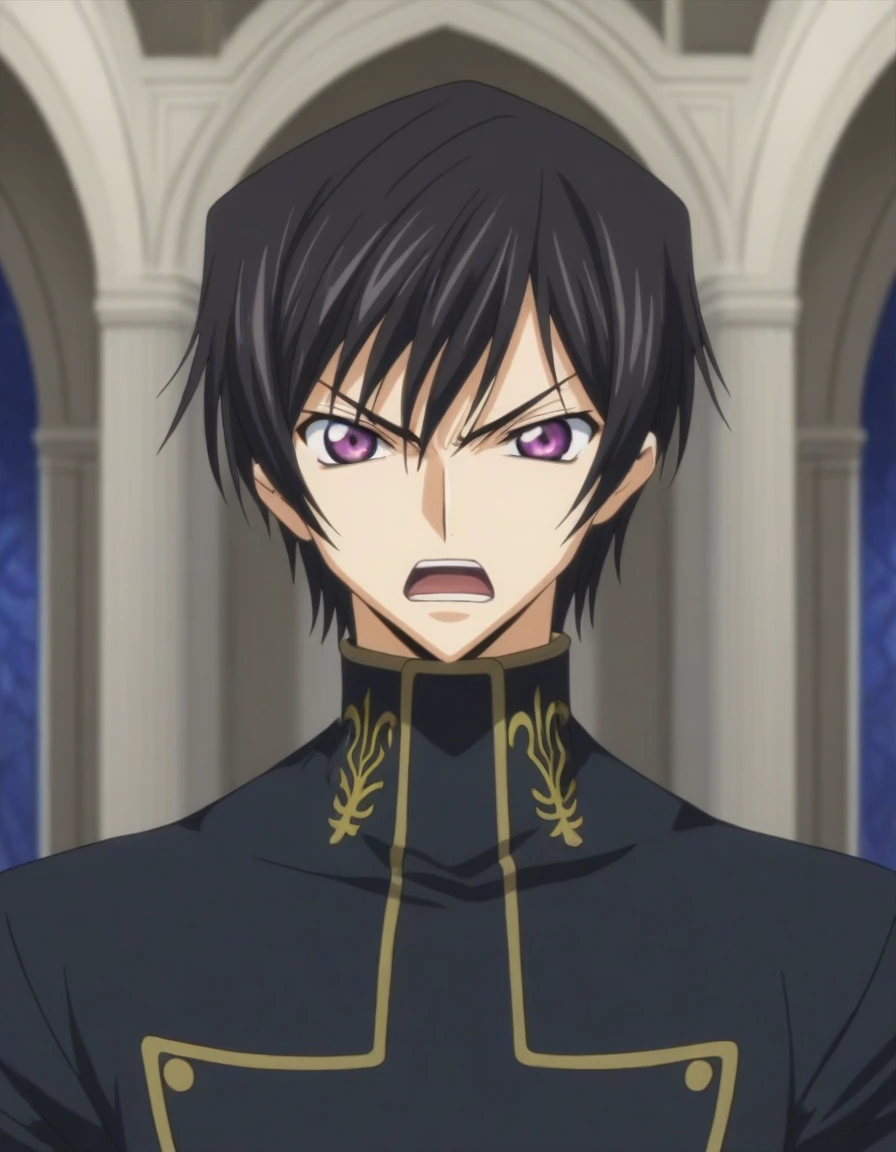 score_9, score_8_up, score_7_up, source_anime, rating_safe, intricate details, anime screencap, , , looking at viewer, depth of field, 1boy, solo, male focus, lelouch_lamperouge, black hair, purple eyes, bangs, angry, open mouth, cute, black suit costume, Paris, castle, room, night.