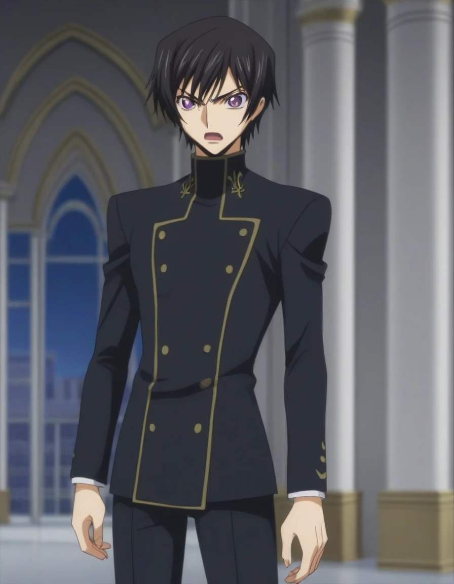 score_9, score_8_up, score_7_up, source_anime, rating_safe, intricate details, anime screencap, , , looking at viewer, depth of field, 1boy, solo, male focus, lelouch_lamperouge, black hair, purple eyes, bangs, angry, open mouth, cute, black suit costume, Paris, castle, room, night.