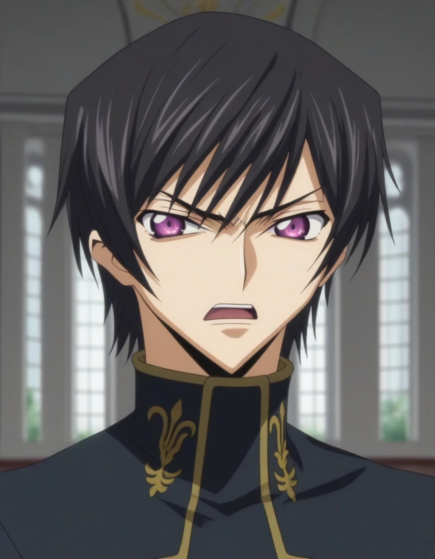 score_9, score_8_up, score_7_up, source_anime, rating_safe, intricate details, anime screencap, , , looking at viewer, depth of field, 1boy, solo, male focus, lelouch_lamperouge, black hair, purple eyes, bangs, angry, open mouth, cute, black suit costume, Paris, castle, room, night.