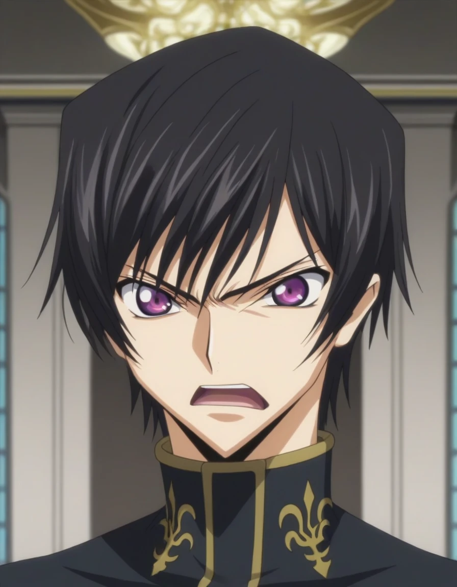 score_9, score_8_up, score_7_up, source_anime, rating_safe, intricate details, anime screencap, , , looking at viewer, depth of field, 1boy, solo, male focus, lelouch_lamperouge, black hair, purple eyes, bangs, angry, open mouth, cute, black suit costume, Paris, castle, room, night.