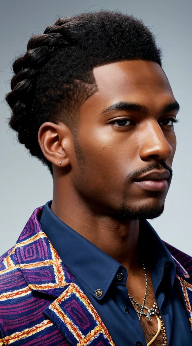 (best quality:1.1),original, 1man, A handsome man with dark skin, African American man with natural hair, magenta eyes, dressed in blue urban clothes(fancy jacket, designer shirt and goldem necklace), cartoon, faded haircut, masculine braids, anime illustrations, style is abstract beauty, Sundaratang, mixed patterns, close-ups, charming character illustrations, folklore --ar 2:3 --v 6