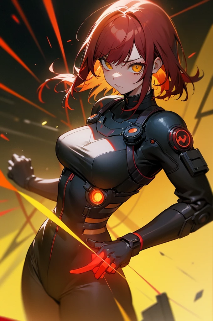 　Red Hair　Yellow Eyes　Bob　外はねBob　Confused eyes　Bob　Red Hair　Thick, vibrant red hair　Bob　female性　female　Cyberpunk Costume　Yellow costume　黄色いCyberpunk Costume　Dynamic pose　battle　electricity　Bobヘア electricityを操る　外跳ねBob　goggles　Yellow Cyberpunk