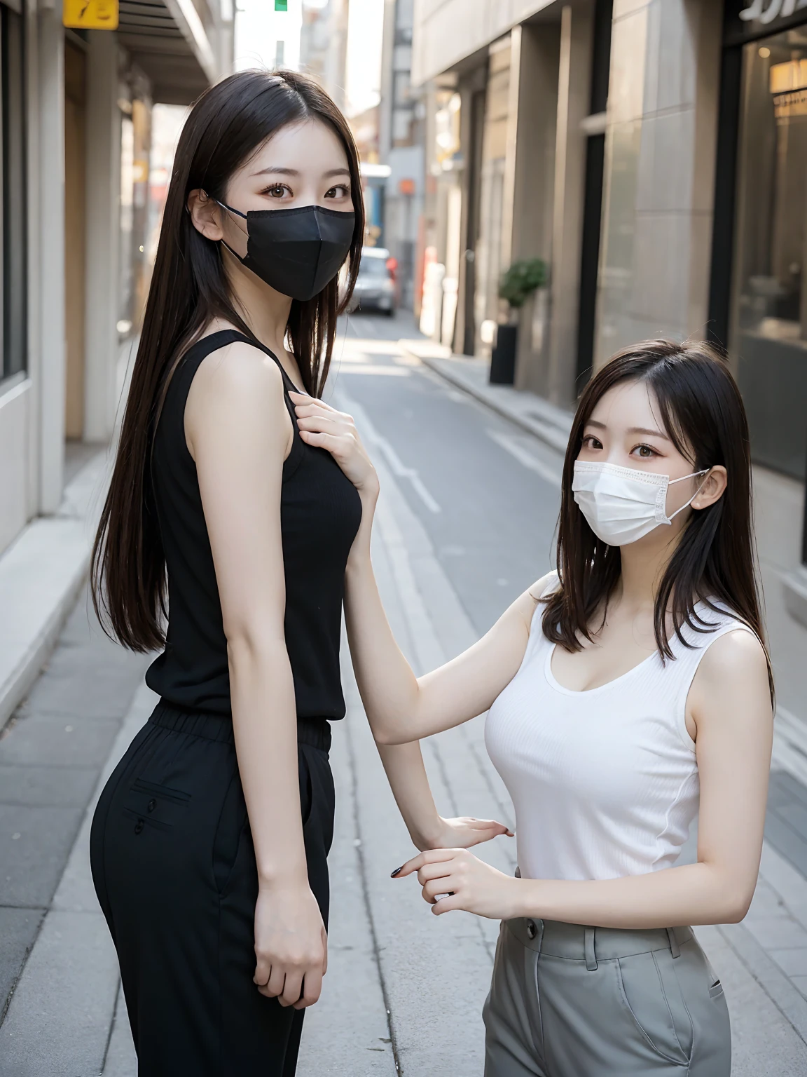 Tabletop, Highest quality, Realistic, In detail, High resolution, 8k wallpaper, Perfect dynamic composition, Beautiful attention to detail, (Biologically correct limbs, refer to, nail), Medium Hair, Shiny Hair, Big ample breasts, Random pose、(random color, cute sleeveless t-shirt, cute chino pants)、(Breast bulge:1.3)、Laughter、Cityscape、sunny, Walking、a girl, 23 years old、(Droopy eyes)、Adult Beauty、Japanese women、((black mouth mask))、