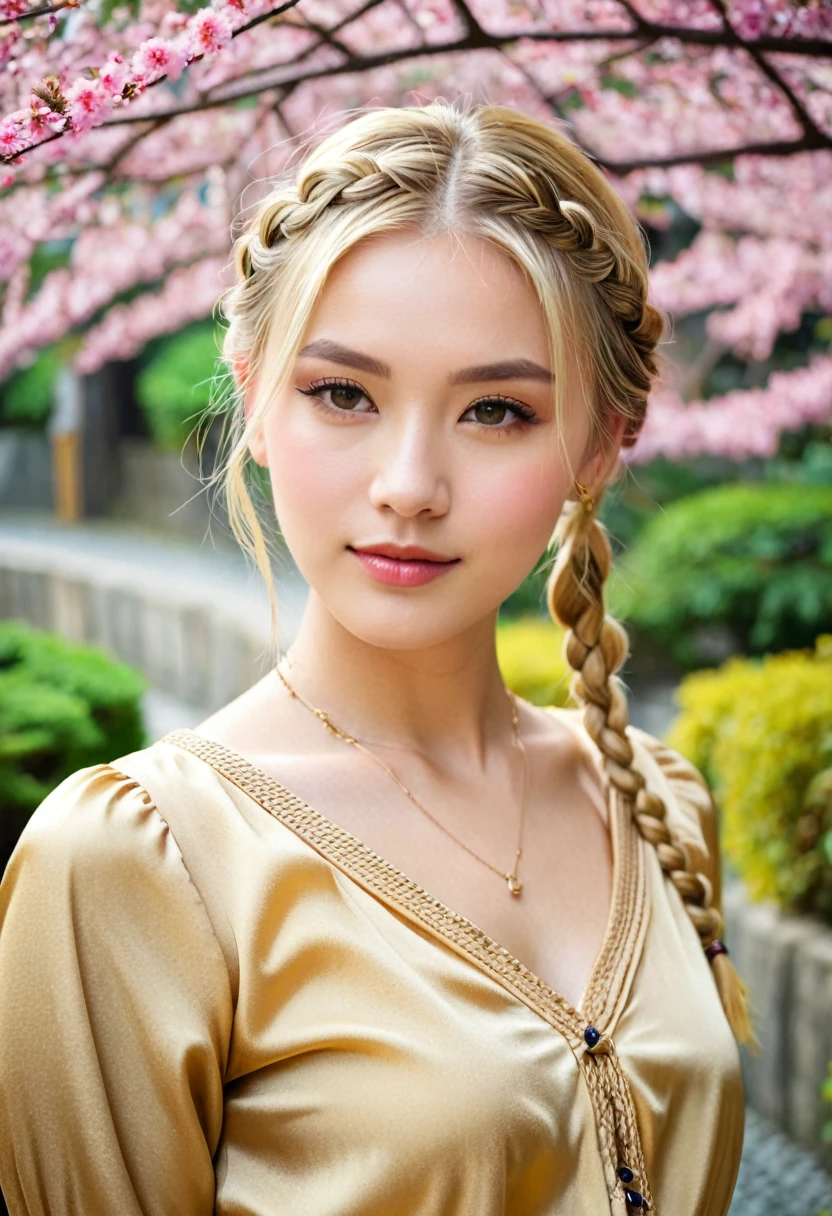 Beautiful blonde girl with grace, golden short blouse, braided hair. Tender look, in Japan
