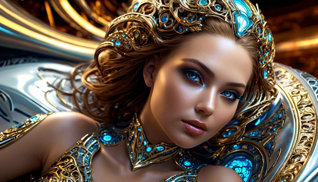 année 2100, La femme du futur alangui sur un sofa complexe, plan large, hyper technologie, AI futuriste, corps entier, souriante et radieuse, bustier étroit incrusté de fines dentelles techniques complexe fractal, bustier effet push-up, complexe, élégante et sensuelle, yeux sublime et intenses, yeux très détaillés, très détaillé, moderne, scifi, digital photography, (cheveux très long), verre brisé, (chef-d'oeuvre artistique, Éclairage latéral, HDR, Réaliste, HD), sublime grosse poitrine push-up,