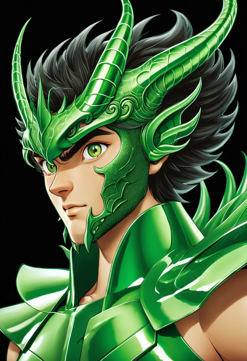 A man with a green metallic machine body, Cel animation style, The protector is designed with a dragon head shaped decoration., I can see your real face, Super beautiful image quality, Professional painter, Highest quality