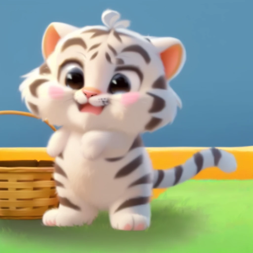 there is a cartoon tiger standing next to a basket of eggs, ruan cute vtuber, cute cartoon character, tony the tiger, cute cartoon style, cartoonish cute, cute character, cute animal, cute cartoon, meow, disney's bambi cat, kawaai, super cute and friendly, adorable digital painting, cute cat, simba, cute adorable