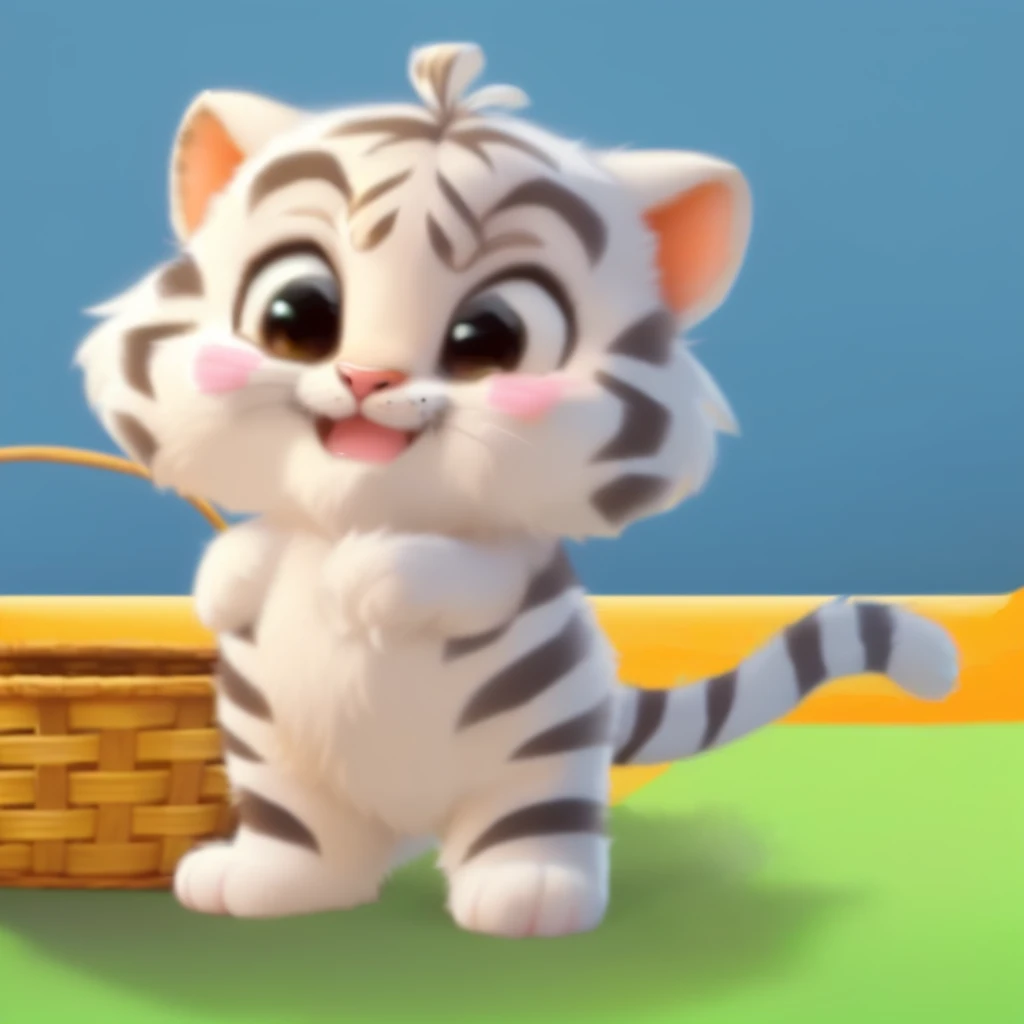 there is a cartoon tiger standing next to a basket of eggs, ruan cute vtuber, cute cartoon character, tony the tiger, cute cartoon style, cartoonish cute, cute character, cute animal, cute cartoon, meow, disney's bambi cat, kawaai, super cute and friendly, adorable digital painting, cute cat, simba, cute adorable