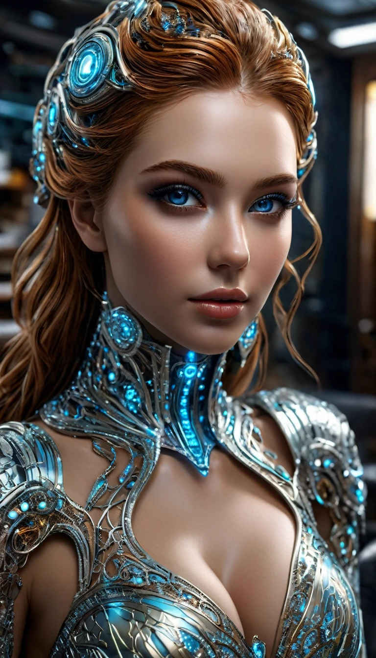année 2100, La femme du futur alangui sur un sofa complexe, plan large, hyper technologie, AI futuriste, corps entier, souriante et radieuse, bustier étroit incrusté de fines dentelles techniques complexe fractal, bustier effet push-up, complexe, élégante et sensuelle, yeux sublime et intenses, yeux très détaillés, très détaillé, moderne, scifi, digital photography, (cheveux très long), verre brisé, (chef-d'oeuvre artistique, Éclairage latéral, HDR, Réaliste, HD), sublime grosse poitrine push-up,