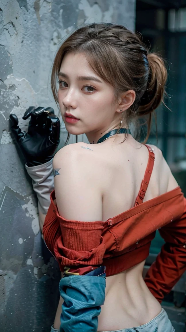 1girl, aqua eyes, back, bangs, bare shoulders, black gloves, blue eyes, braid, choker, earrings, fingerless gloves, from behind, gloves, grey hair, holding, jacket, jewelry, long hair, looking at viewer, looking back, nail polish, off shoulder, parted lips, piercing, ponytail, red jacket, solo, upper body,baiyi,[[realistic]],(shiny skin),(masterpiece:1.4),(best quality:1.4)