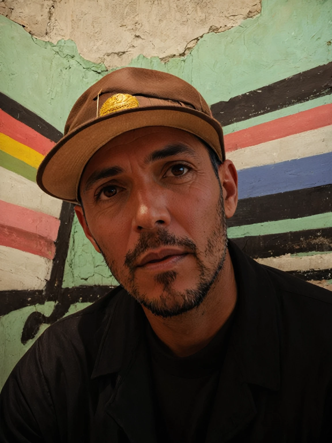 Arafed man with hat in front of a wall