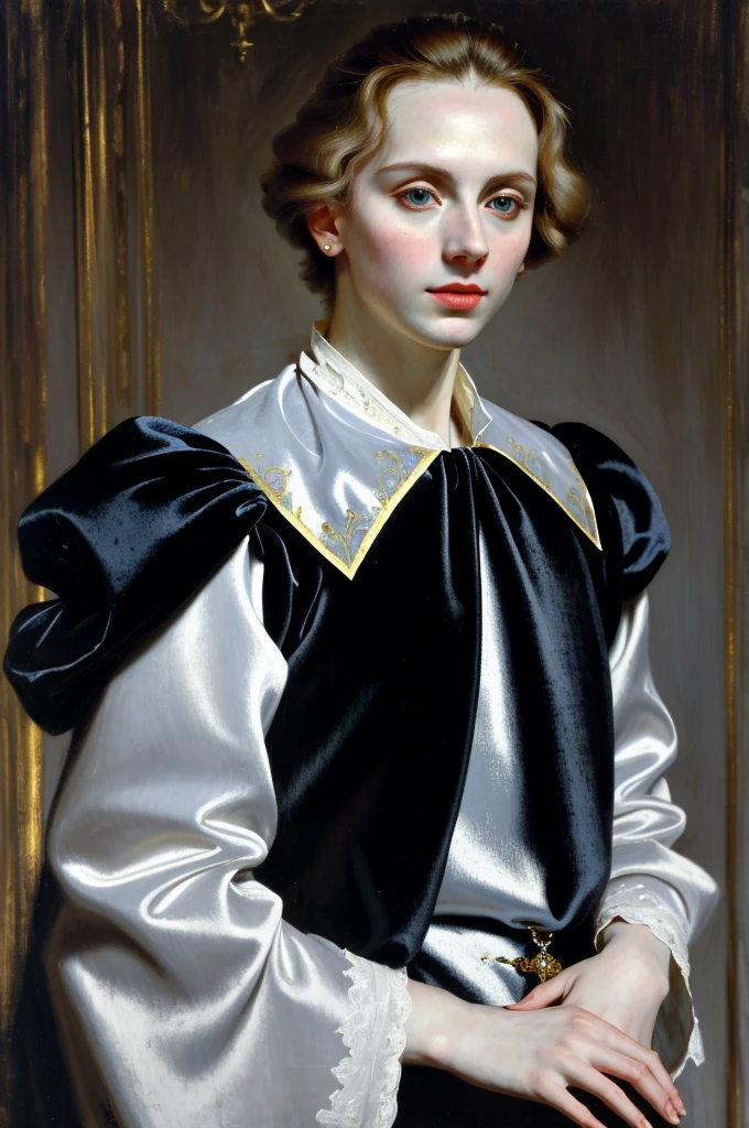 Portrait of Christopher Marlowe, white skin, piercing icy blue eyes, silky golden-brown hair, refined features, charp jawline, clean shaved, black Elizabethan velvet jerkin, white laced shirt, high quality, masterpiece, best quality, highres, 1man
