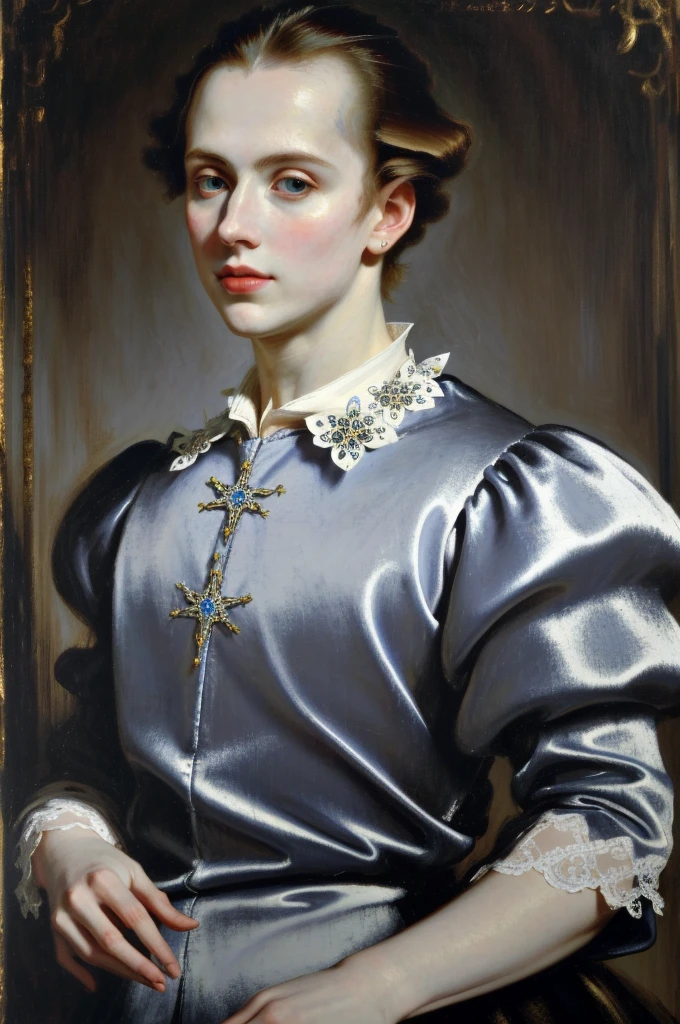 Portrait of Christopher Marlowe, white skin, piercing icy blue eyes, silky golden-brown hair, refined features, charp jawline, clean shaved, black Elizabethan velvet jerkin, white laced shirt, high quality, masterpiece, best quality, highres, 1man