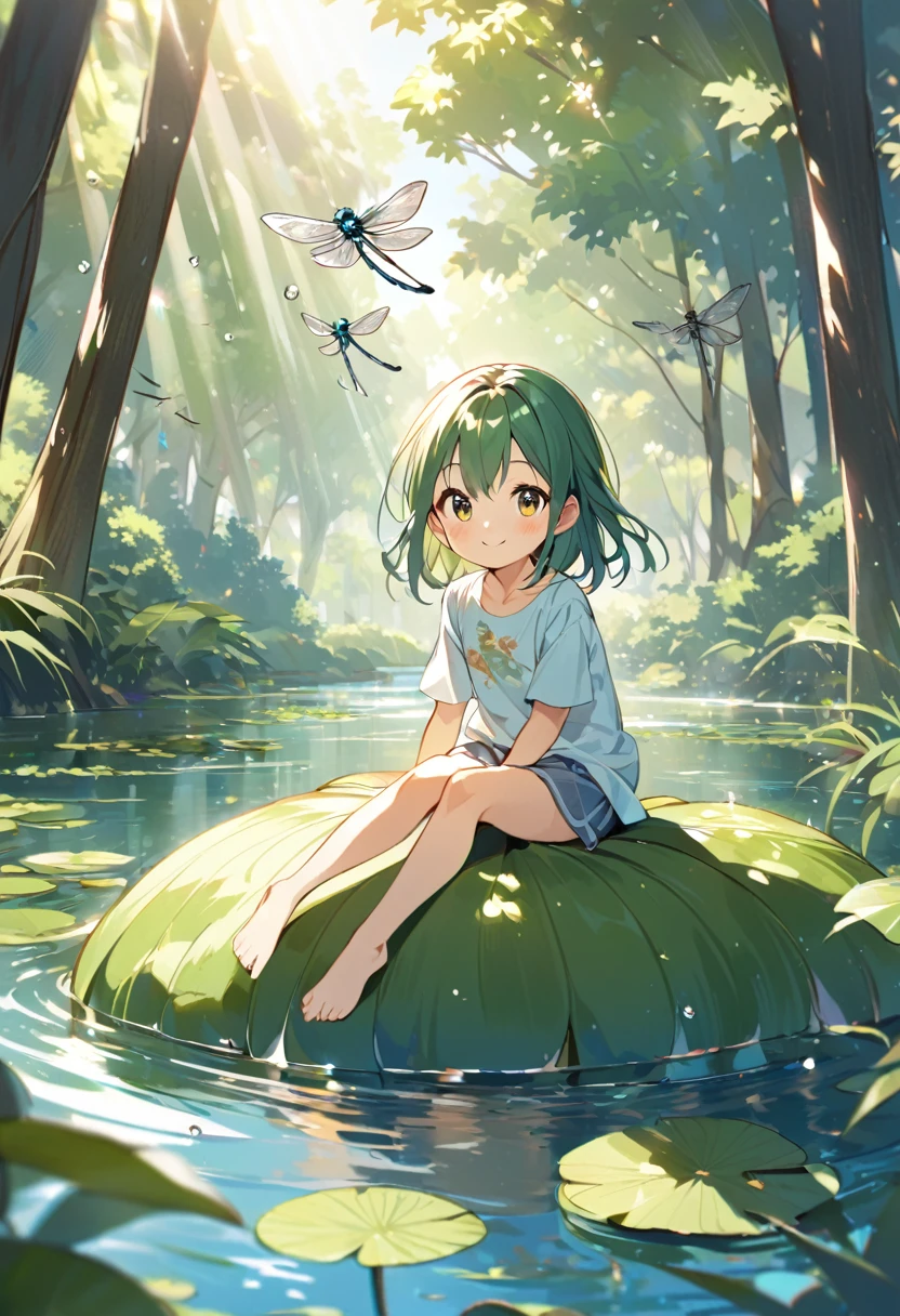 A young girl, about 6 years old, sitting on a very large water lily, smile, Sunlight filtering through the trees, summer, lake, Dragonfly, Detailed Description, Zoom out