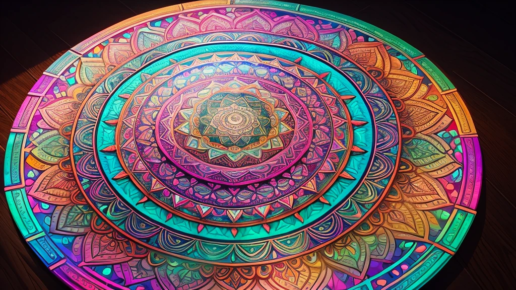 Create a detailed mandala with layers of holographic patterns, radiating vibrant colors and intricate designs.