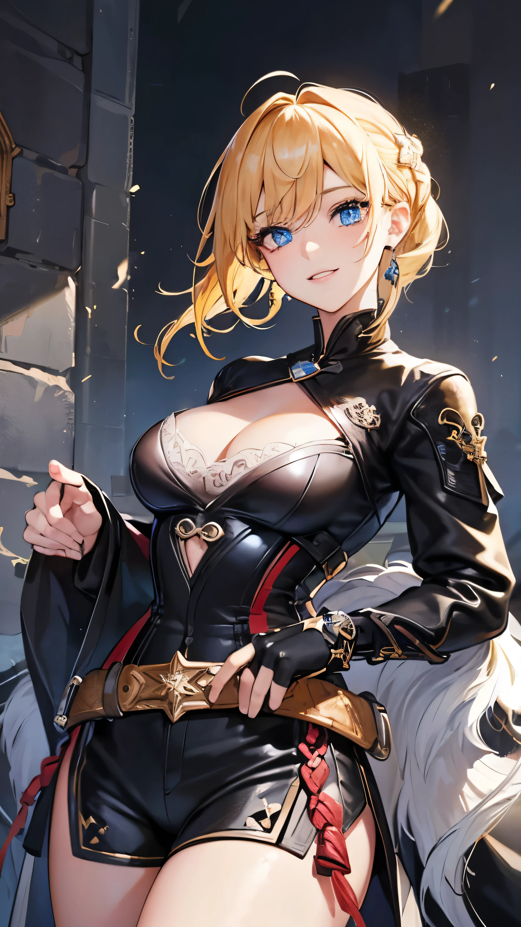 jean, jeangunnhildr, medium cut hair, hits, by rubio, yellow hair, hair ornament, (blue eyes:1.3), league, SMILE, SMILE, Thighs, gloves, neckline, earrings, black gloves, fingerless gloves, leather trim, english clothes, vision \(genshin impact\), REST outdoors, REST looking at the viewer, (cowboy shot:1.5), (Masterpiece:1.2), Best Quality, high resolution, unity wallpaper 8k, (illustration:0.8), (Beautiful detailed eyes:1.6), extremely detailed face, perfect lighting, Extremely detailed CG, (perfect hands, perfect anatomy),