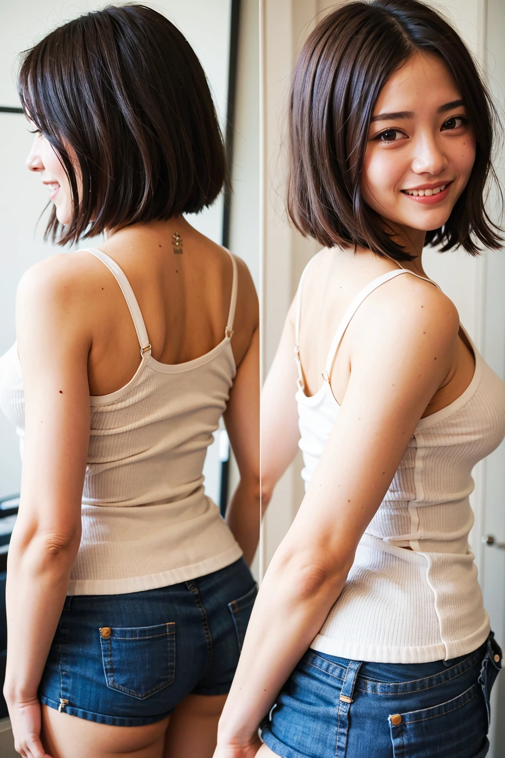 Top quality, 1 beautiful woman, super short Hair, wearing tanktop, shy-smile, back pose