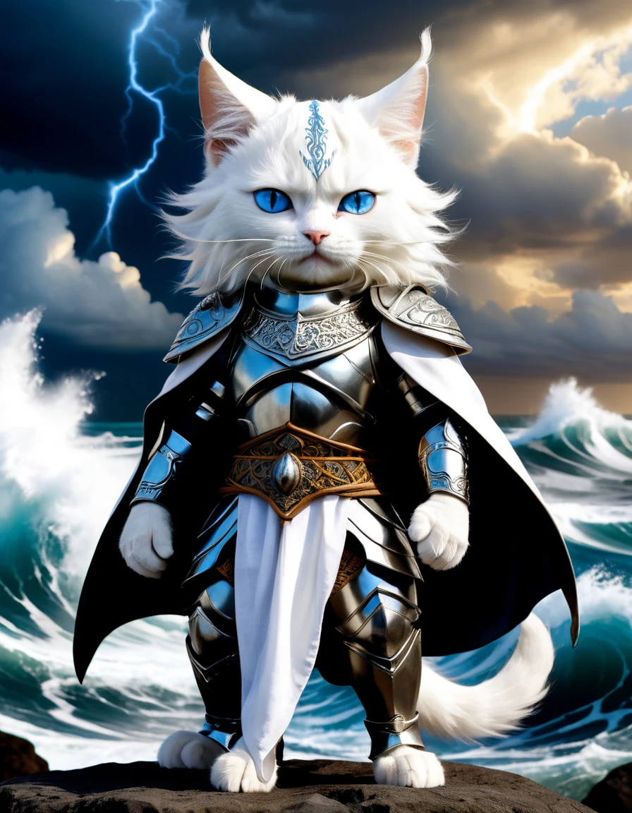 A white cat with striking blue eyes is depicted as the god of wind. Dressed in luxurious armor, he powerfully wields a large cloth, summoning a raging storm. The background showcases tumultuous waves, capturing the intensity and strength of the tempest. The scene blends whimsical, fairy-tale elements with epic, mythological grandeur, featuring intricate details and a majestic atmosphere.