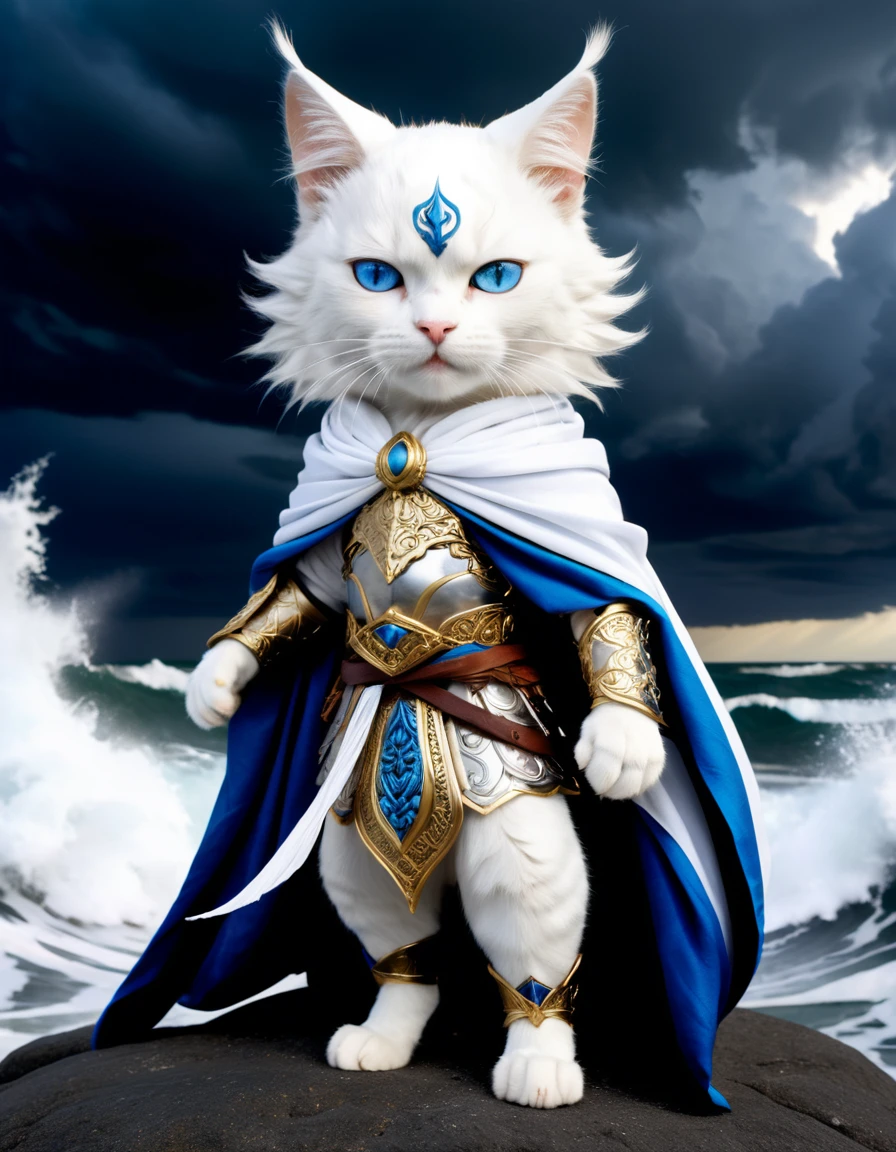 A white cat with striking blue eyes is depicted as the god of wind. Dressed in luxurious armor, he powerfully wields a large cloth, summoning a raging storm. The background showcases tumultuous waves, capturing the intensity and strength of the tempest. The scene blends whimsical, fairy-tale elements with epic, mythological grandeur, featuring intricate details and a majestic atmosphere.