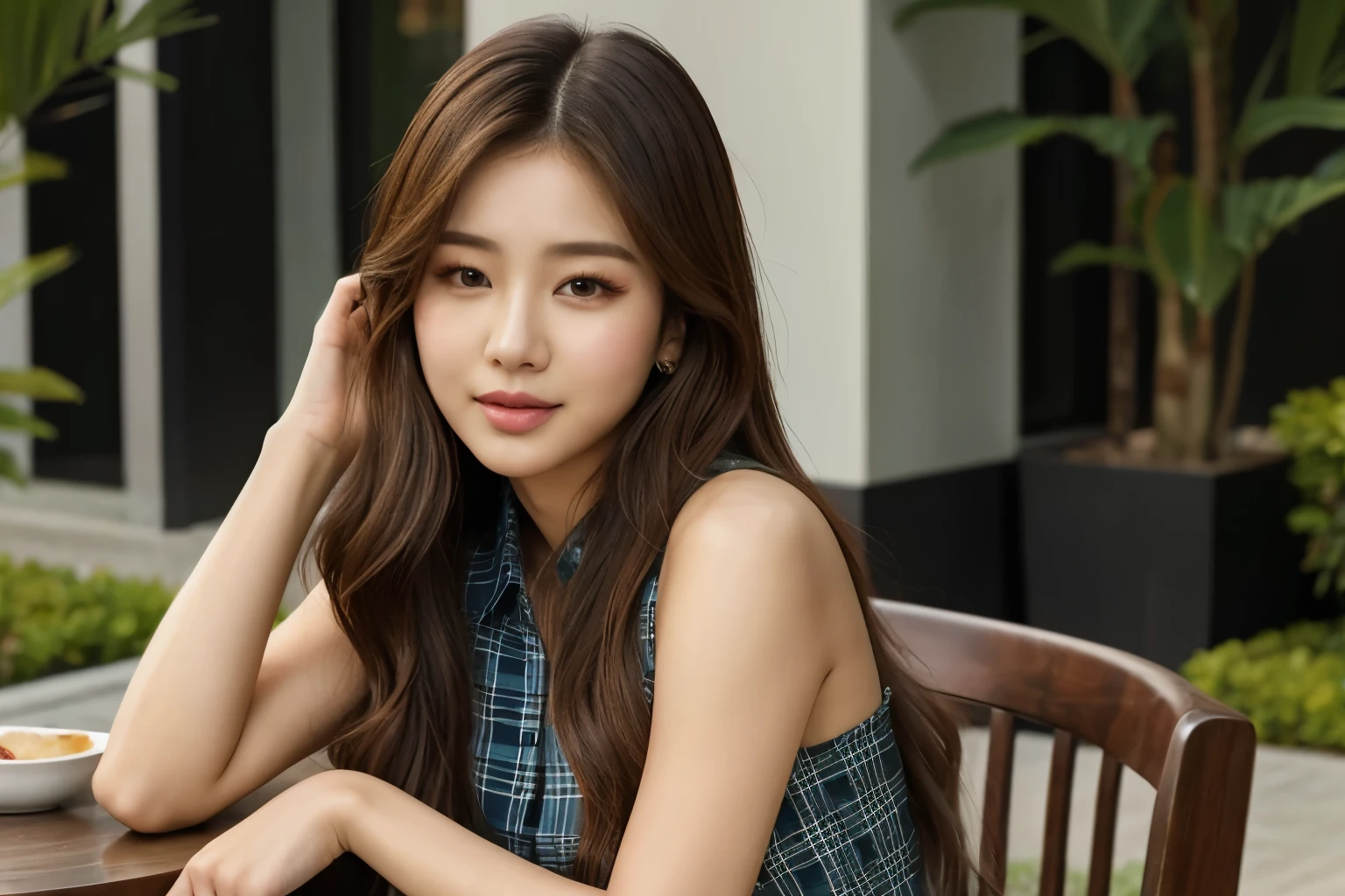 a woman with long hair sitting on a chair with a plaid shirt, jaeyeon nam, portrait of jossi of blackpink, roseanne park of blackpink, jinyoung shin, jossi of blackpink, portrait of female korean idol, portrait jisoo blackpink, popular south korean makeup, park ji-min, korean girl, wan adorable korean face, hwang se - on, popular korean makeup