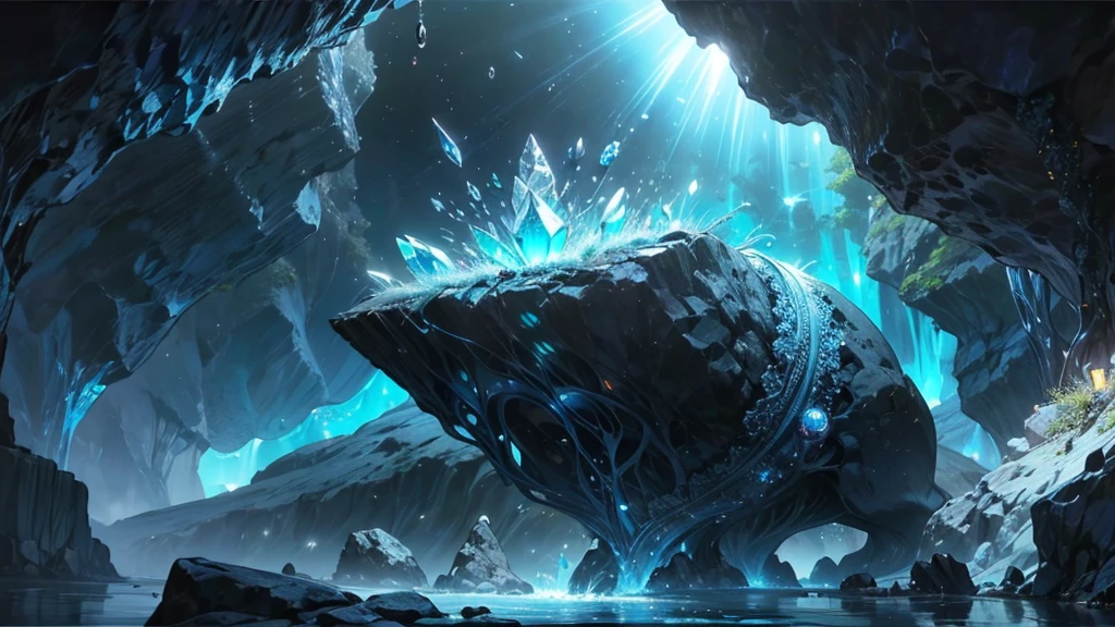 Dark cave of blue crystals, Bioluminescence, Light reflected on the crystal, Water Drop, river,