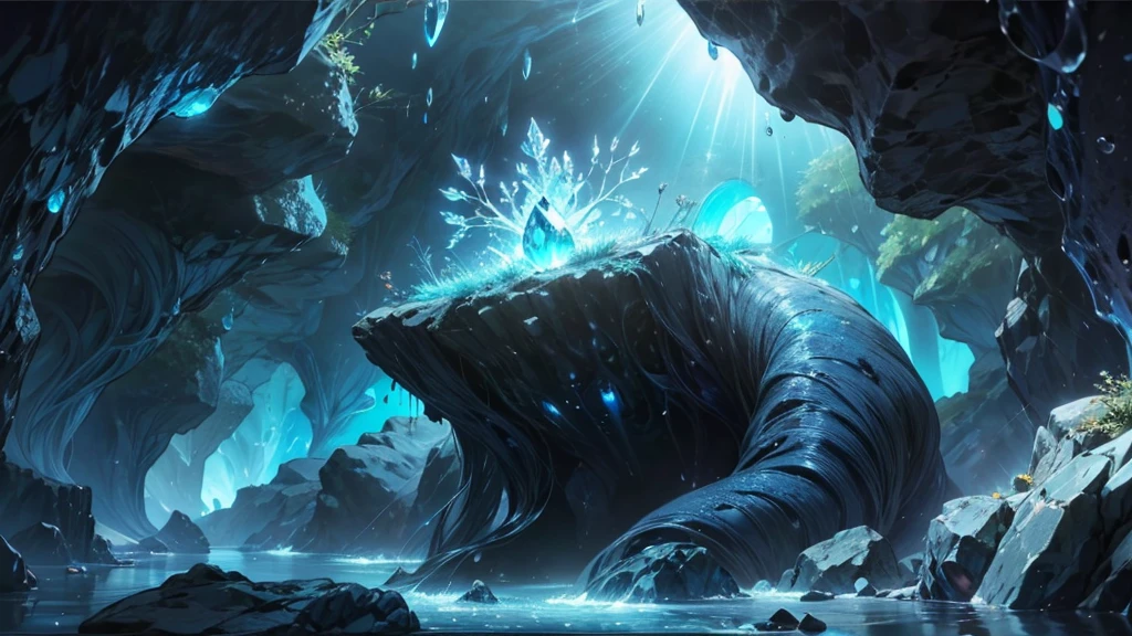 Dark cave of blue crystals, Bioluminescence, Light reflected on the crystal, Water Drop, river,