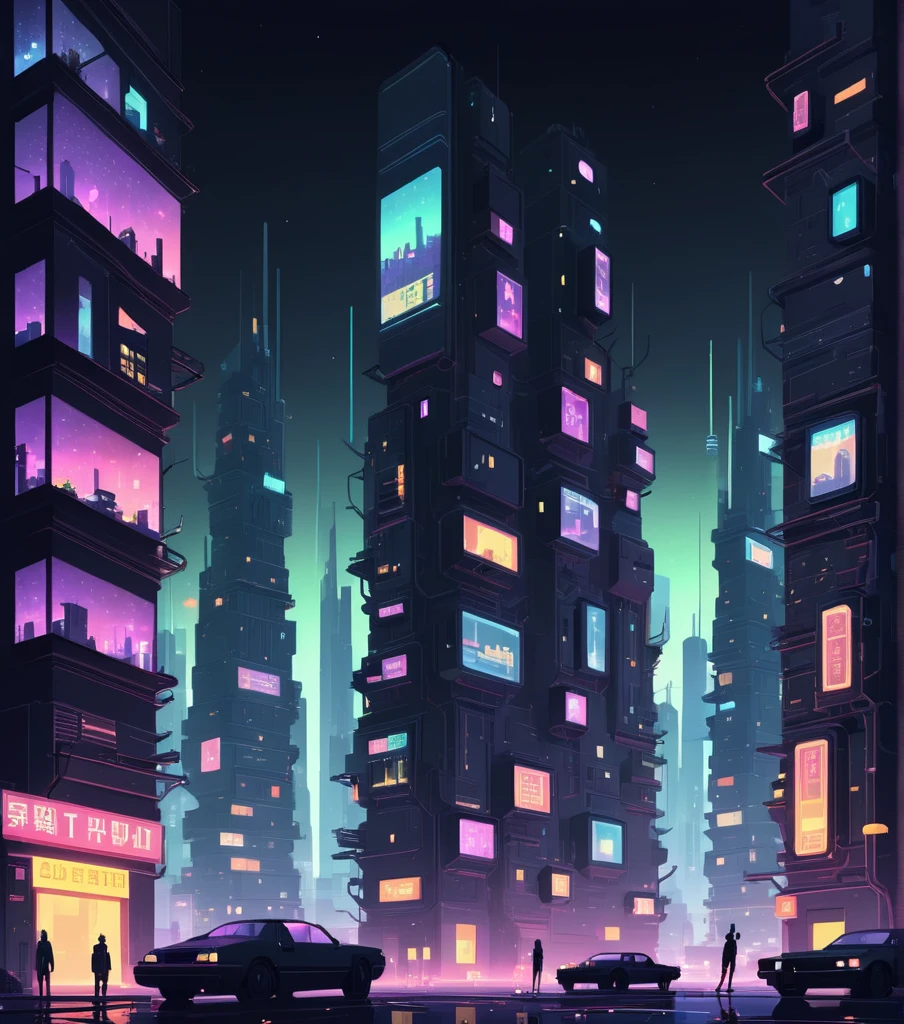 concept art in the style of James Gilleard a city scene with a lot of lights and buildings, design a futurist but minimal city, Hyperion City" dark and tenue led lights, minimum colorful, apartment complex, apartment complex llamado "Final Quarter" modern apartments, cozy apartments, realistic apartments, acid rain, illuminated windows ,at night, cyberpunk lights, emaciated trees, giant oil led screen that says FINAL QUARTER, dark almost black view, few lights, very few lights, nostalgic environment, Acid, HyperRealistic