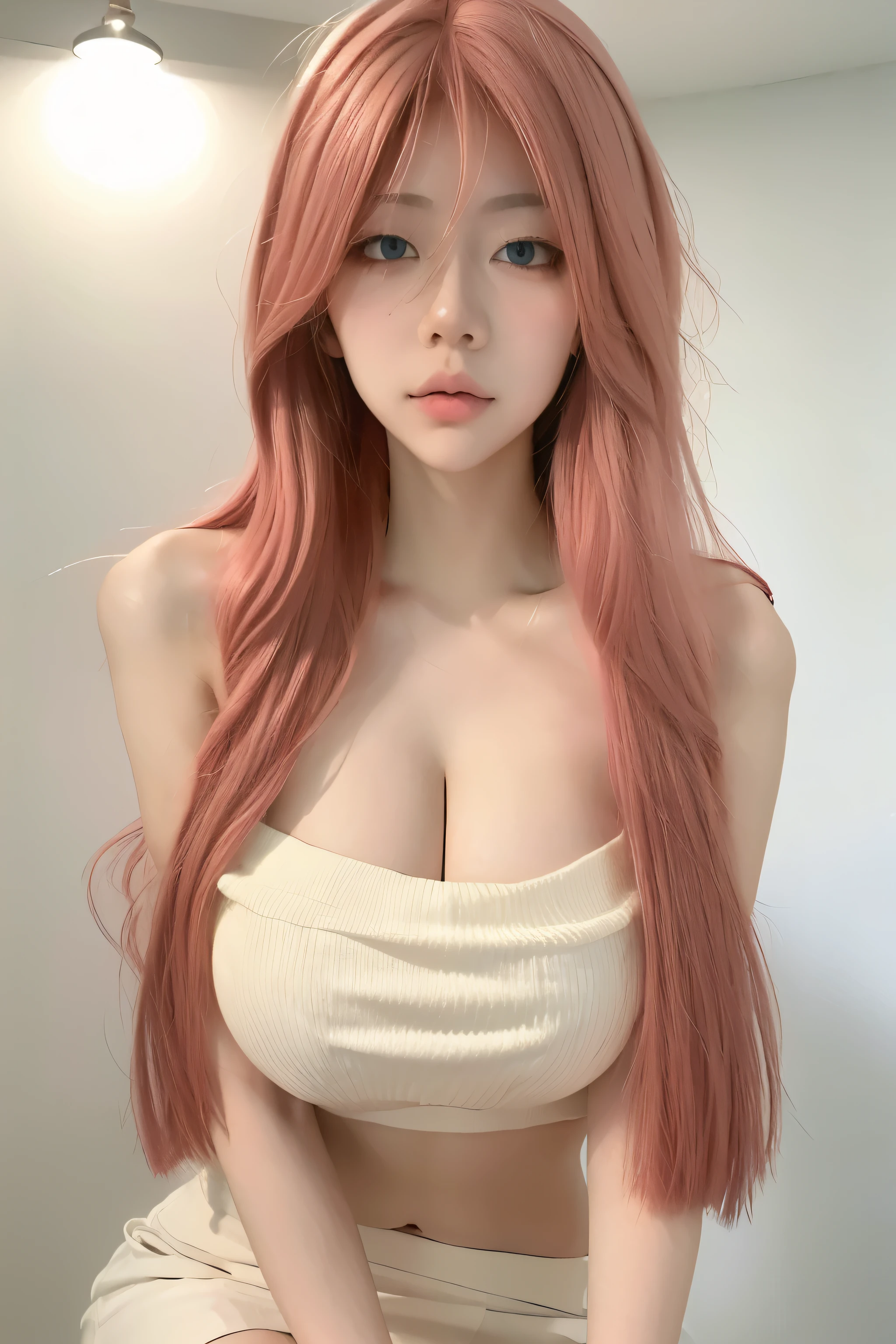 Beautiful woman with perfect body:1.4,Prominent cleavage,Layered Hairstyle,Highly detailed face and skin textures,Double eyelids,Skin Whitening,Long hair,Whitened long legs,(Tube Top,Short skirt),Pink Hair