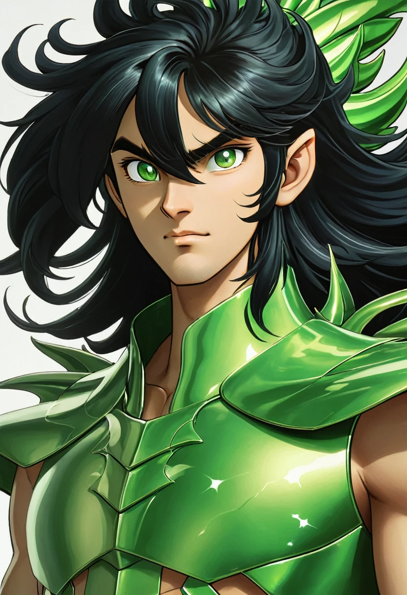 A man with a green metallic machine body, Cel animation style, The protector is designed with a dragon head shaped decoration., I can see your real face,  Man with long black hair, Black straight long hair, Super beautiful image quality, Professional painter, Highest quality, 18-year-old,