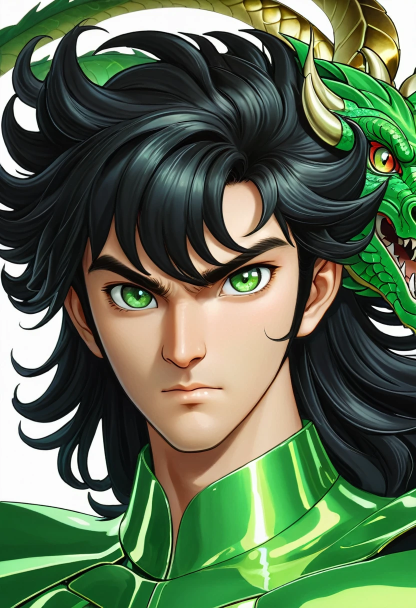 A man with a green metallic machine body, Cel animation style, The protector is designed with a dragon head shaped decoration., I can see your real face,  Man with long black hair, Black straight long hair, Super beautiful image quality, Professional painter, Highest quality, 18-year-old,