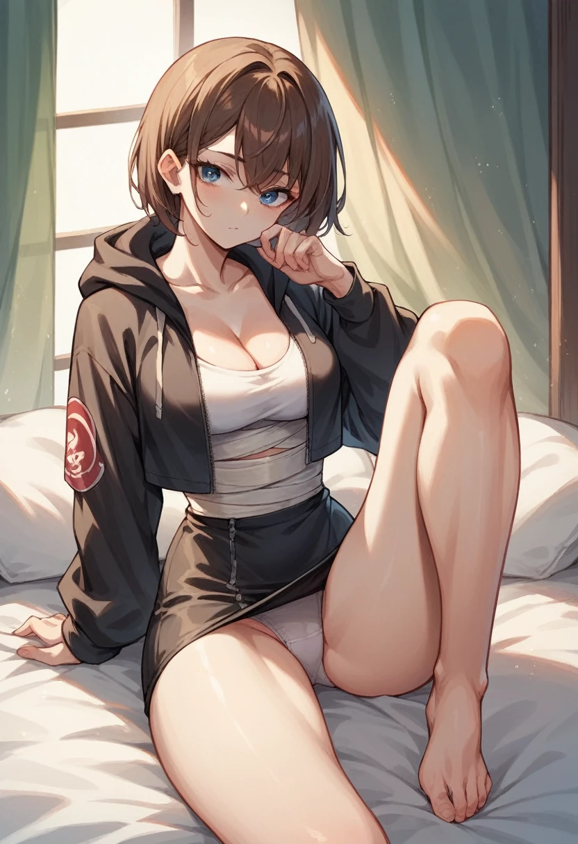 Brown hair long ninja girl Wearing a black hoodie and a black skirt White underwear White skin blue eyes With bangs Beautiful face Thin legs A little bit of cleavage is visible sitting on the bed Legs bent Anime Style