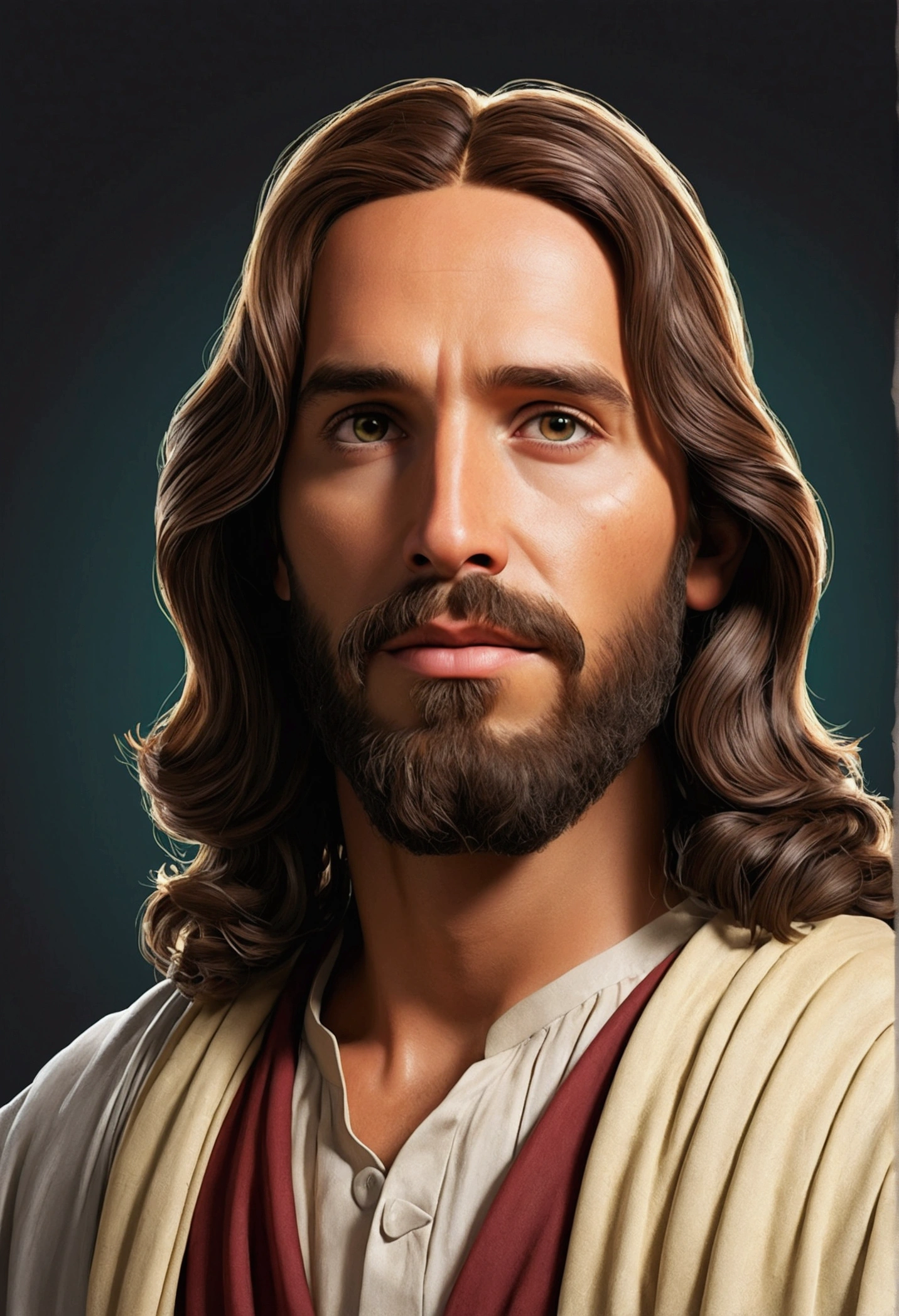 Create realistic cartoon-style digital art that depicts Jesus dressed in period clothes, em corpo inteiro. Add a 100mm bifocal lens to period style, e destaque a imagem com um vibrante splash de cores neon para criar um efeito visual impactante. Make sure the image is in high definition to capture every detail."
INFO