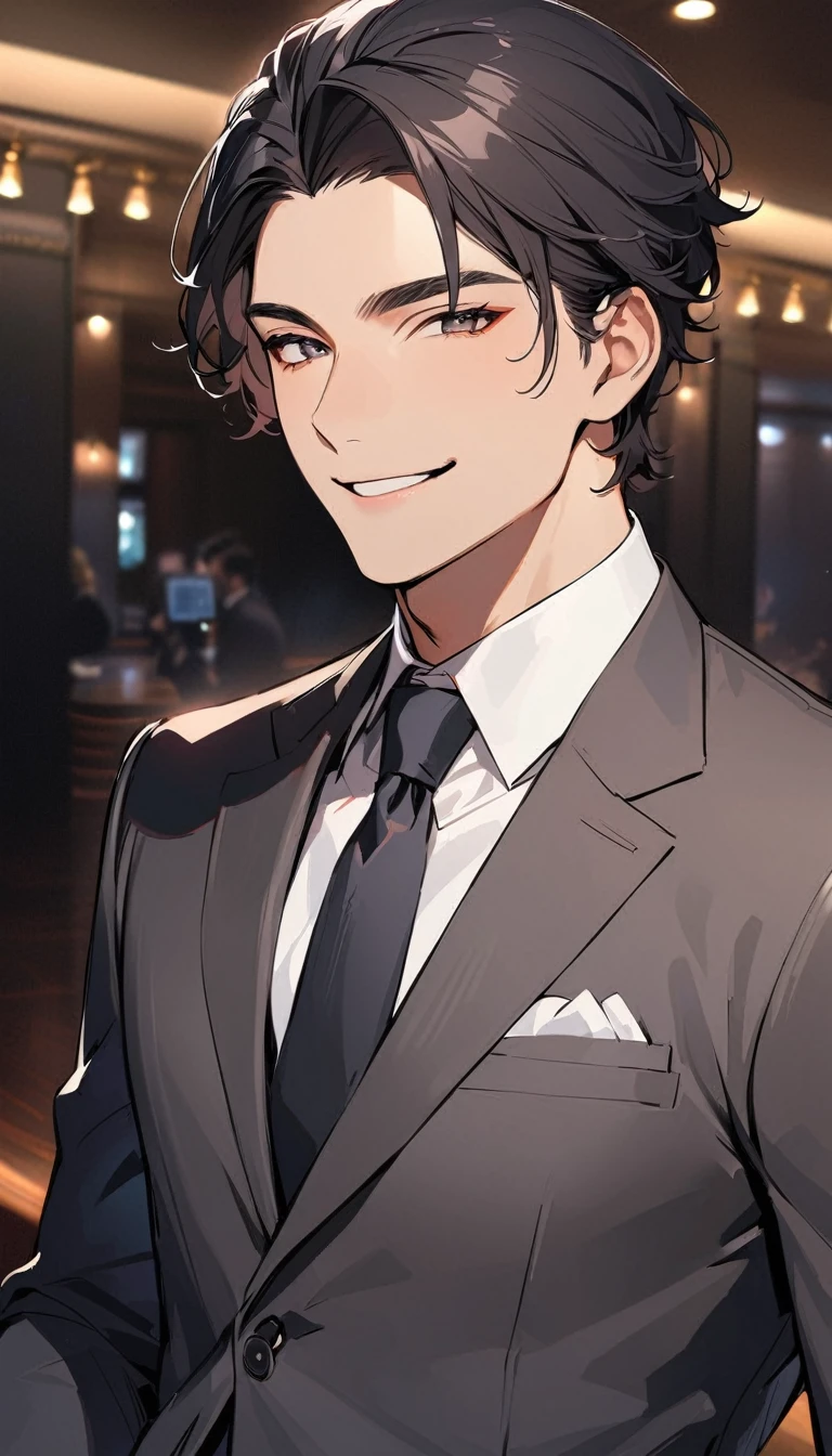 A handsome man with short black hair is wearing a charcoal gray suit. He in smile.