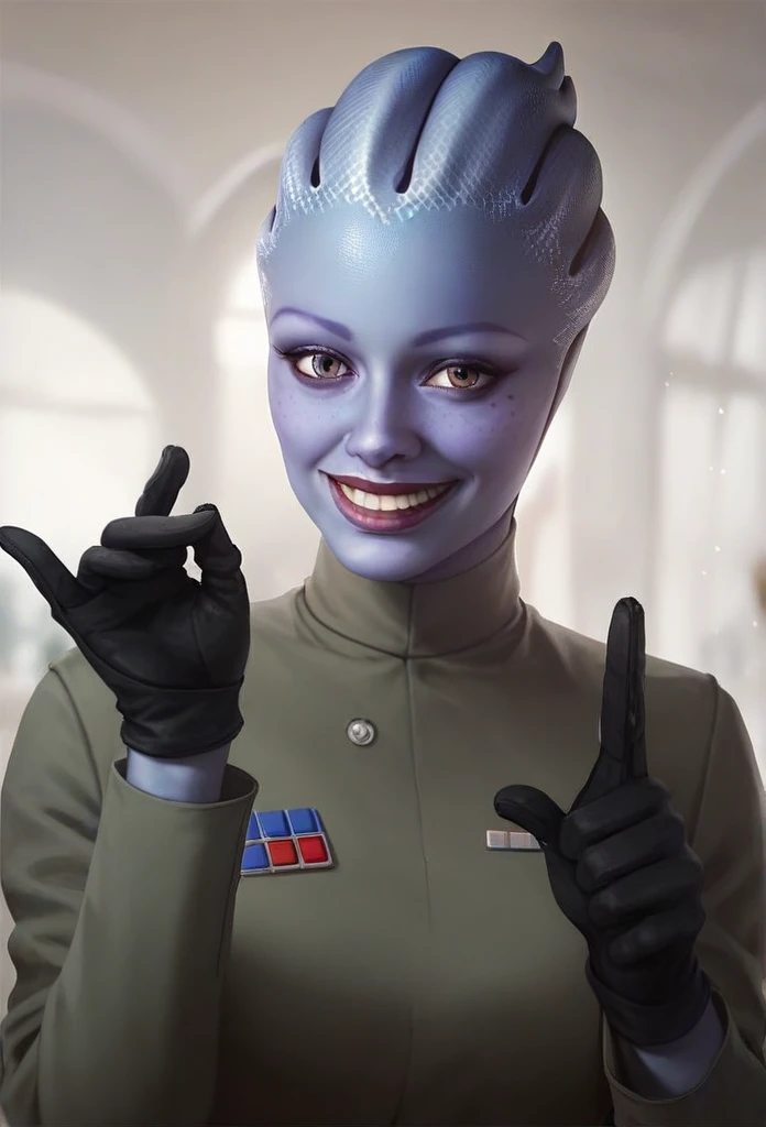 1girl, asari woman, pale blue skin, all black Imperial officer uniform, black gloves, wide smile, (saluting:1.5), best quality, masterpiece, star wars theme