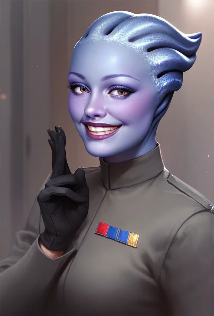 1girl, asari woman, pale blue skin, all black Imperial officer uniform, black gloves, wide smile, (saluting:1.5), best quality, masterpiece, star wars theme