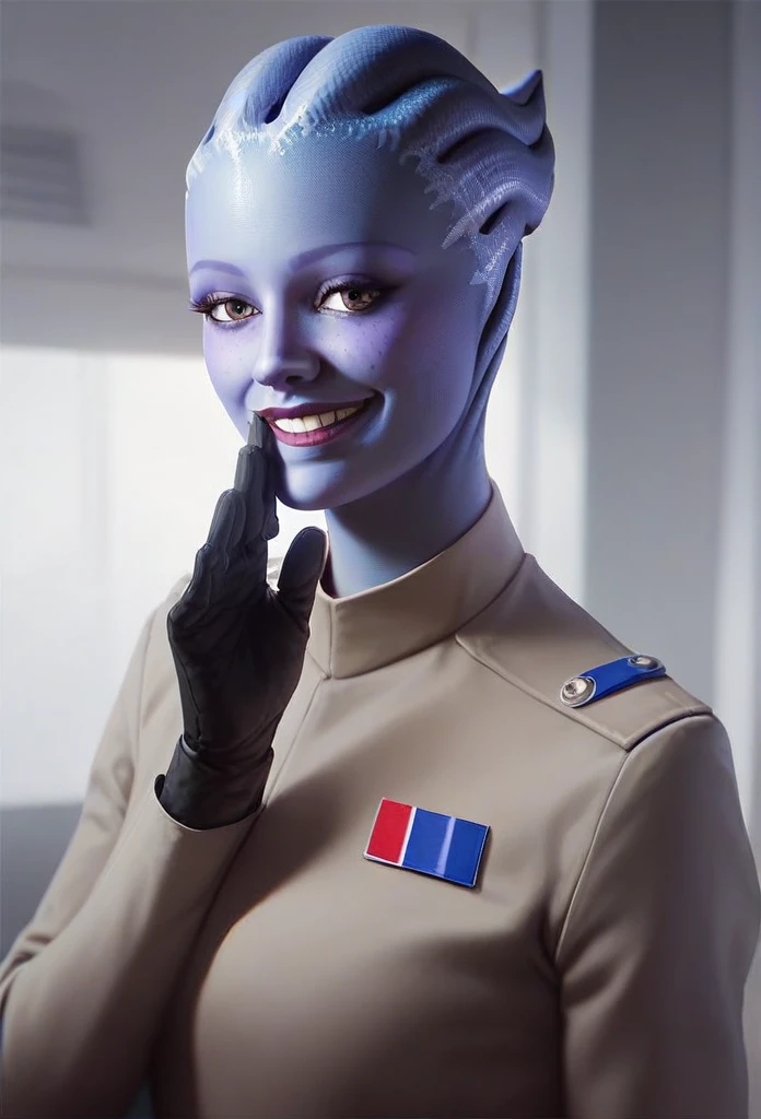 1girl, asari woman, pale blue skin, all black Imperial officer uniform, black gloves, wide smile, (saluting:1.5), best quality, masterpiece, star wars theme