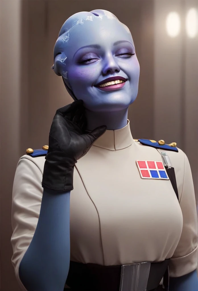 1girl, asari woman, pale blue skin, all black Imperial officer uniform, black gloves, wide smile, (saluting:1.5), best quality, masterpiece, star wars theme