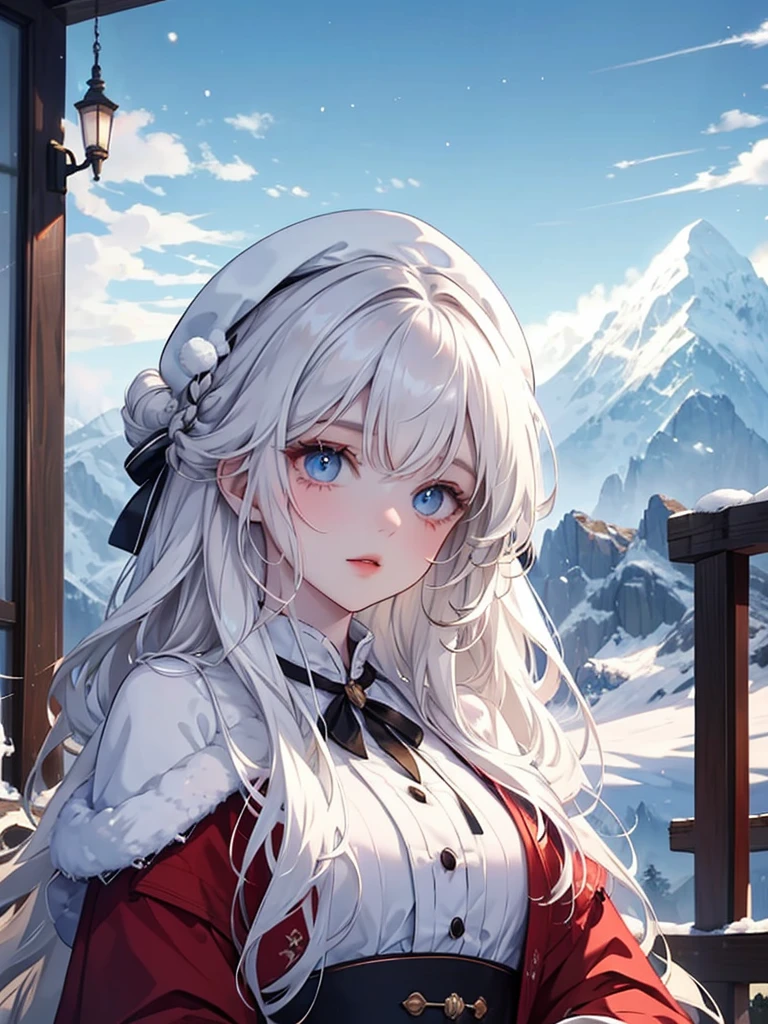 ((master piece)),best quality, illustration, dark, 1girl, In the wilderness,High mountain,Snow-capped mountains in the distance, castle, beautiful detailed eyes, beautiful detailed hair,
