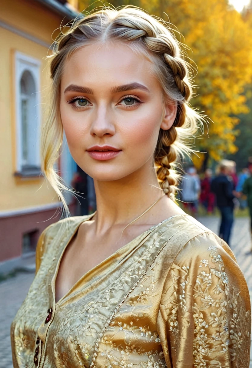 Beautiful graceful blonde girl, golden short blouse, braided hair. Tender look, in Russia.