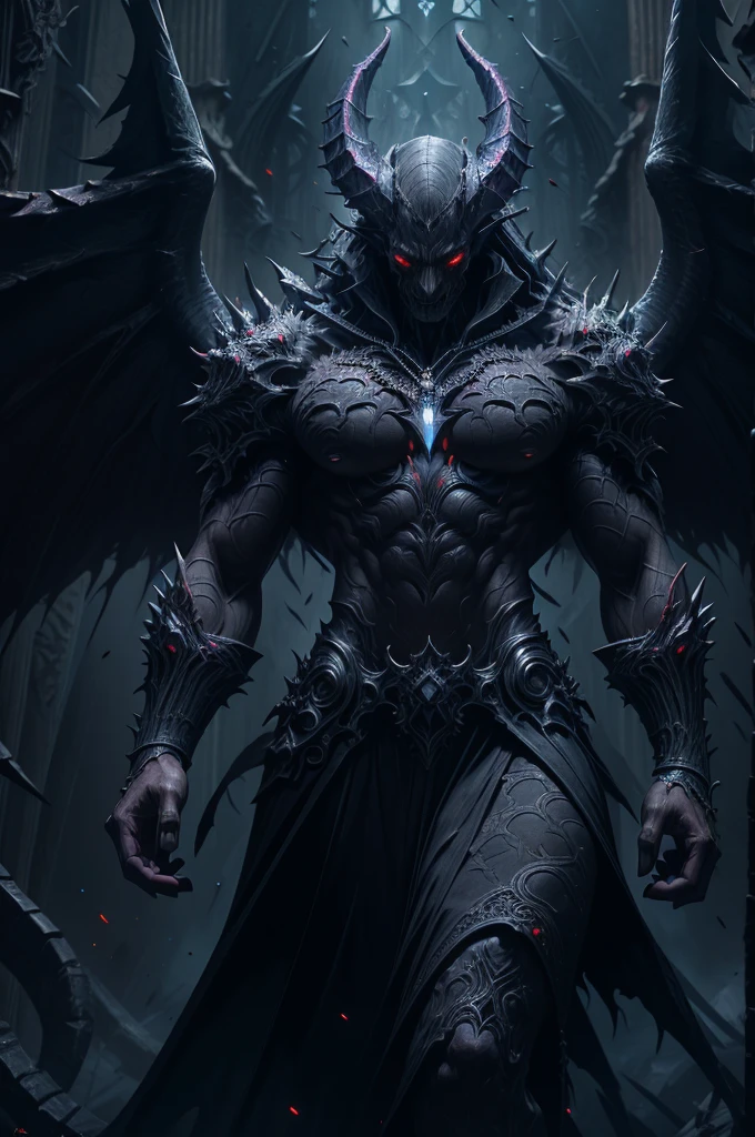 A demonic figure with skin black as coal, a man with a crystal embedded in his chest, a long tail, his body filled with universal and spatial colors, extremely detailed, hyper realistic, 8k, (best quality, 4k, 8k, highres, masterpiece:1.2), ultra-detailed, (realistic, photorealistic, photo-realistic:1.37), HDR, UHD, studio lighting, ultra-fine painting, sharp focus, physically-based rendering, extreme detail description, professional, vivid colors, dark fantasy, gothic, surreal, otherworldly, mystical, sinister, ominous
