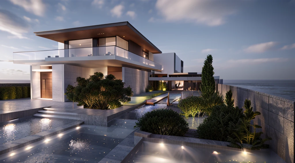 a modern house, grass fence, lawn, dark gray wall covering material, strong modern style, clear blue sky, sharp realistic lighting, night time, youthful feeling, 1 swimming pool , 1 large rockery, steps with LED lights