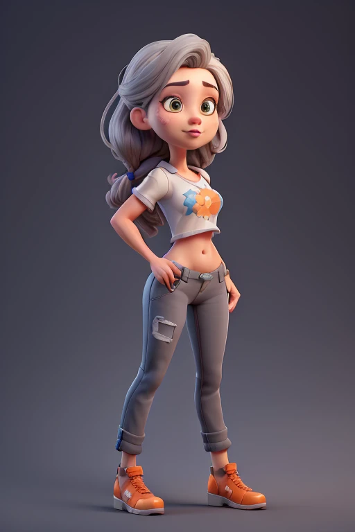 Figure complete,Body curvy with chest large wide huge ,Two hands Self Muscles And stomach Self Muscles ،Female adult with hair gray long very and hairstyle plaits gray long very and large Very,face perfect and eyes yellow with lips red hot , she wear a heel high sport and pants mom blue and t-shirt taller orange, detailed perfect and quality high Hyperrealism,high quality,high detailed,ultra detailed Ultra-realism,Photorealism,Portrait,Ultra detailed,Vibrant,Rose Gold,Dark,Android Jones, figure, octane render volumetric, highly detailed videogame aesthetic, vibrant color palette, dramatic dutch light, cinematic angle composition, 50mm