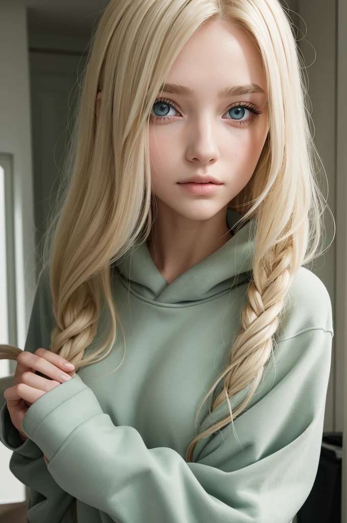 a photo of a 25 year old woman with long blonde hair light blue and green eyes, detailed and a white sweatshirt, long blonde hair and large eyes, leaked image, blonde hair and large eyes, shoulder - length blonde hair, Alix Earle, curly middle part haircut, blonde, long wavy blonde hair, inspired by Károly Lotz, mikayla demaiter, wearing a plain white hoodie, ultra photorealistic, depth of field