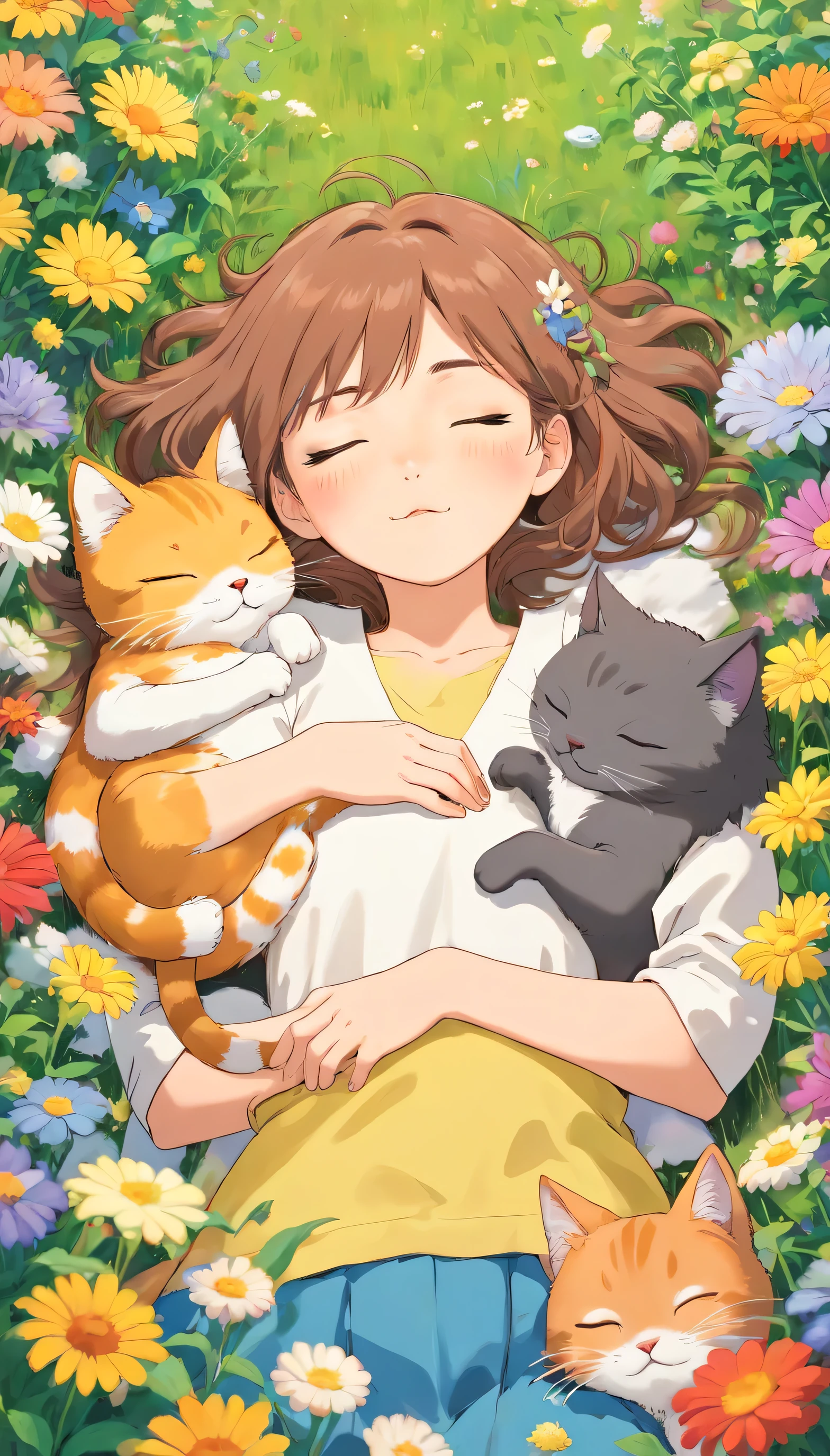 A girl sleeping on a field of flowers with three cats sleeping around her. Vibrant, colorful, highly detailed, 4k
