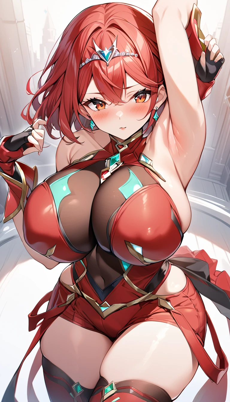 16k,1girl,PRDEF, RED EYES, RED HAIR, SHORT HAIR, TIARA, EARRINGS, CHEST JEWEL, LARGE BREASTS, IMPOSSIBLE CLOTHES, FINGERLESS GLOVES, RED SHORTS, THIGHHIGHS,big breast,armpit focus,arm up,blush