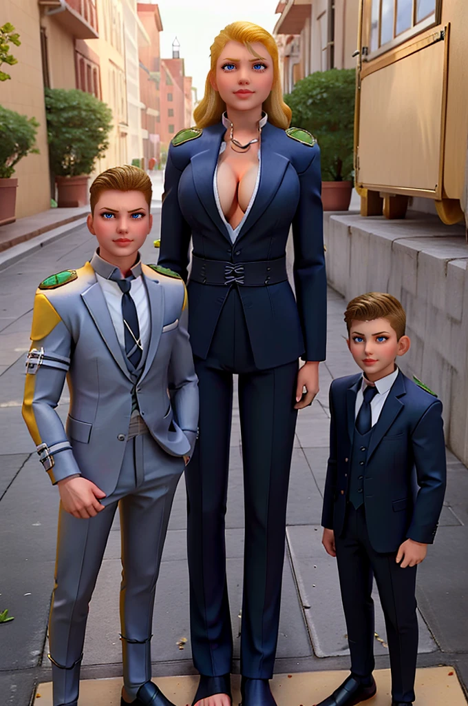 Tall wife in the middle, short husband in the left, short son in the right, beautiful faces, wife is wearing suit and pants, wife has big , wife is showing cleavage, wife is ripped, wife's suit has a belly button cutout, wife has ripped visible abs, make the girls even more taller than the boys, boys are very thin and weak, boys wearing suit and pants, wife is standing barefoot, boys are wearing office shoes