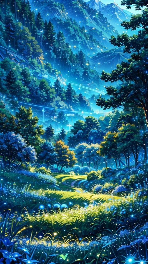 anime inspired greenery landscape alps with bright blue glass like sky shinning twinkling sparkling effect(bokeh effect) (fireflies)