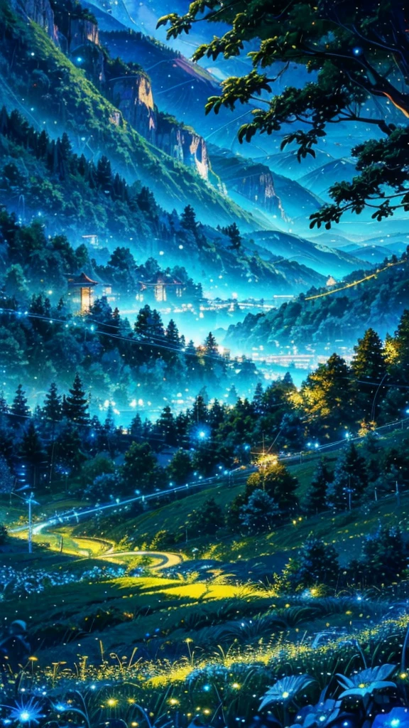 anime inspired greenery landscape alps with bright blue glass like sky shinning twinkling sparkling effect(bokeh effect) (fireflies)