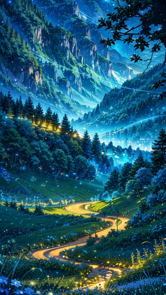 anime inspired greenery landscape alps with bright blue glass like sky shinning twinkling sparkling effect(bokeh effect) (fireflies)